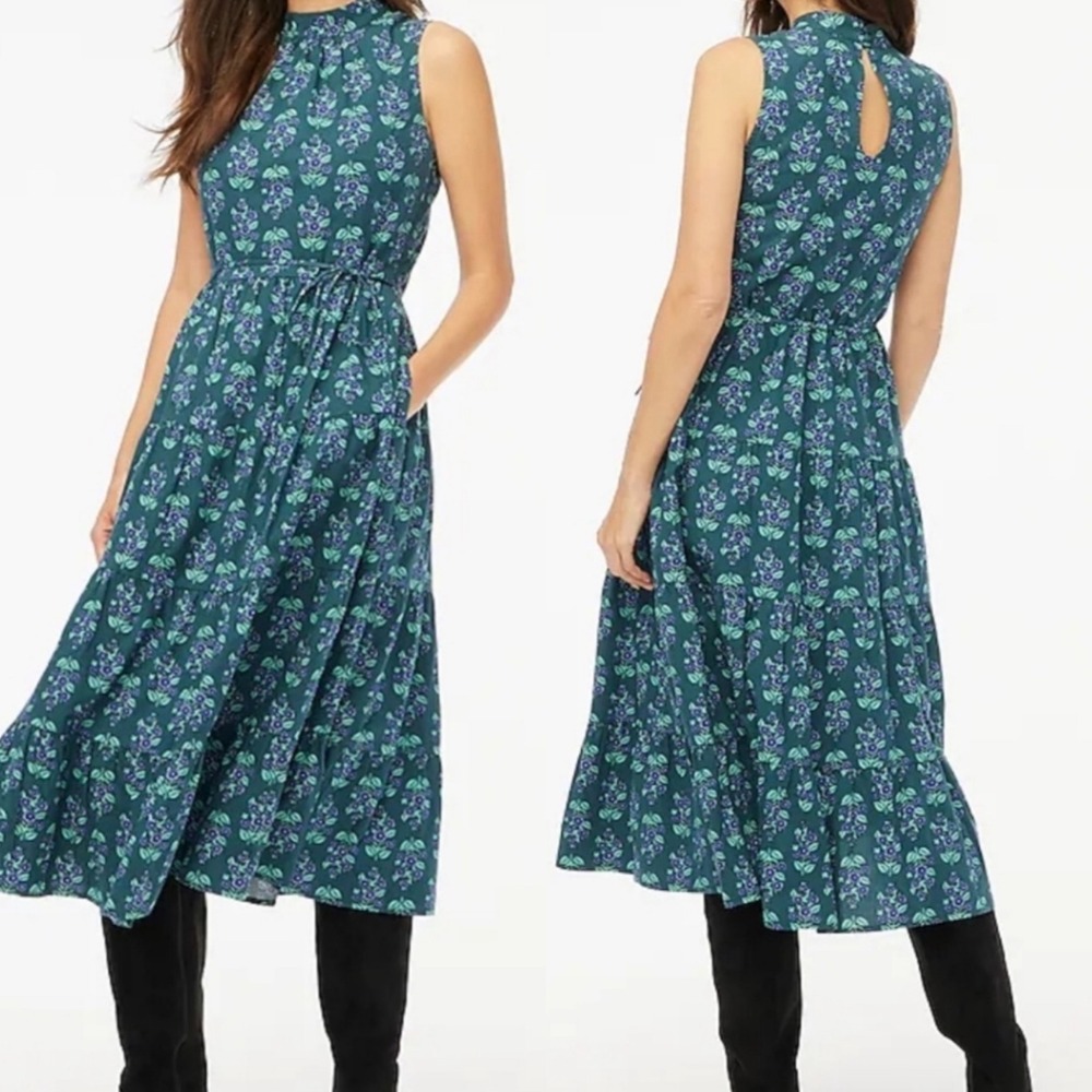 J.Crew Dress Womens 14 Floral Block Print Midi Sleeveless Tiered Teal Pockets